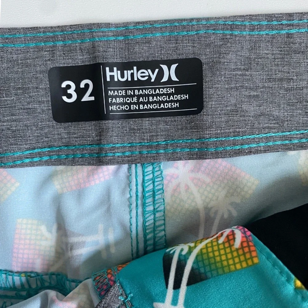 Hurley Mens Teal Palm Tree Rainbow Print Board Shorts‎ Swim Trunks Size 32
